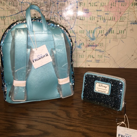 Loungefly frozen sequins backpack and cardholder b